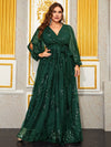 Women's Plus Size Sequin Flower Party Evening Dress Lantern Sleeve Cross V Neck Long Dress-FGLX20056-1