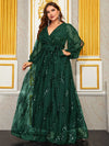 Women's Plus Size Sequin Flower Party Evening Dress Lantern Sleeve Cross V Neck Long Dress-FGLX20056-1