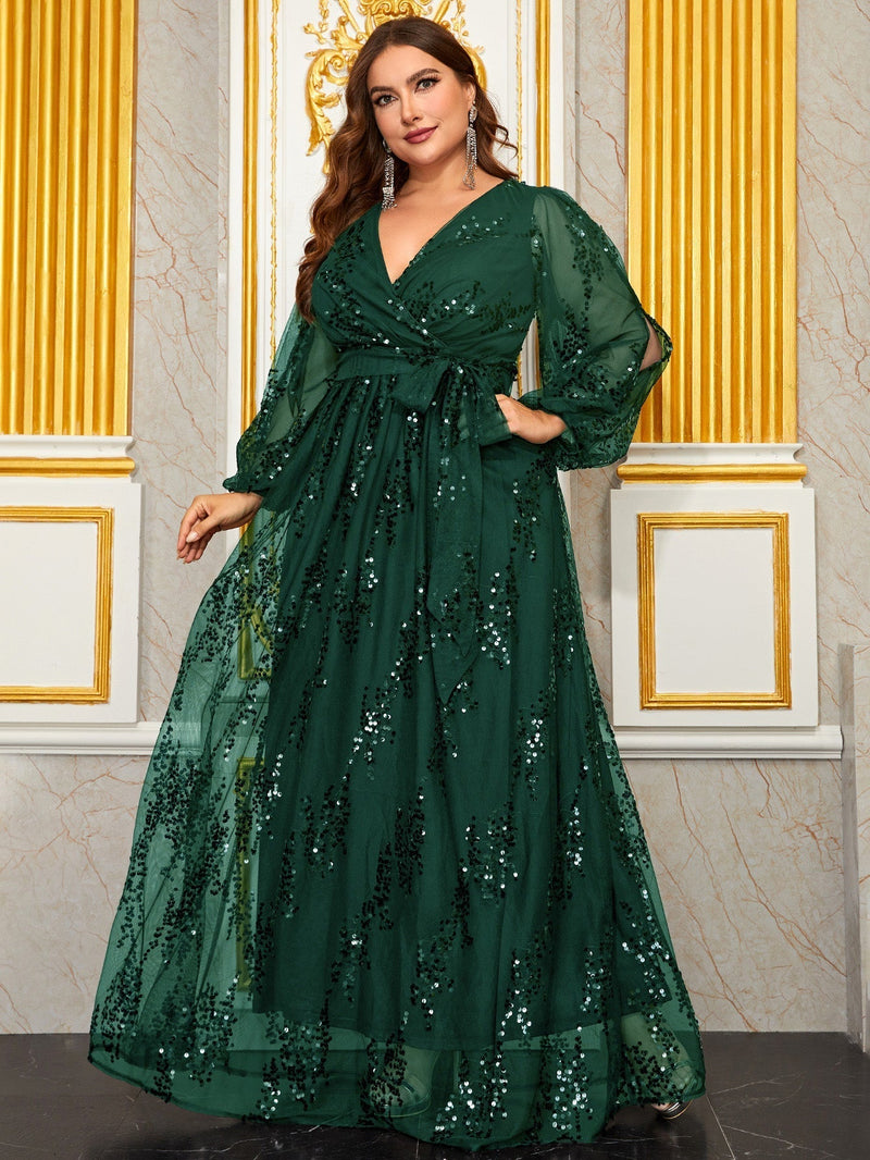 Women's Plus Size Sequin Flower Party Evening Dress Lantern Sleeve Cross V Neck Long Dress-FGLX20056-1