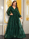 Women's Plus Size Sequin Flower Party Evening Dress Lantern Sleeve Cross V Neck Long Dress-FGLX20056-1