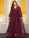 Women's Plus Size Sequin Floral Party Evening Dress With Lantern Sleeves, Cross V-neckline, Long Maxi Length-FGLX20056-2