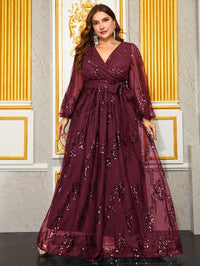 Women's Plus Size Sequin Floral Party Evening Dress With Lantern Sleeves, Cross V-neckline, Long Maxi Length-FGLX20056-2