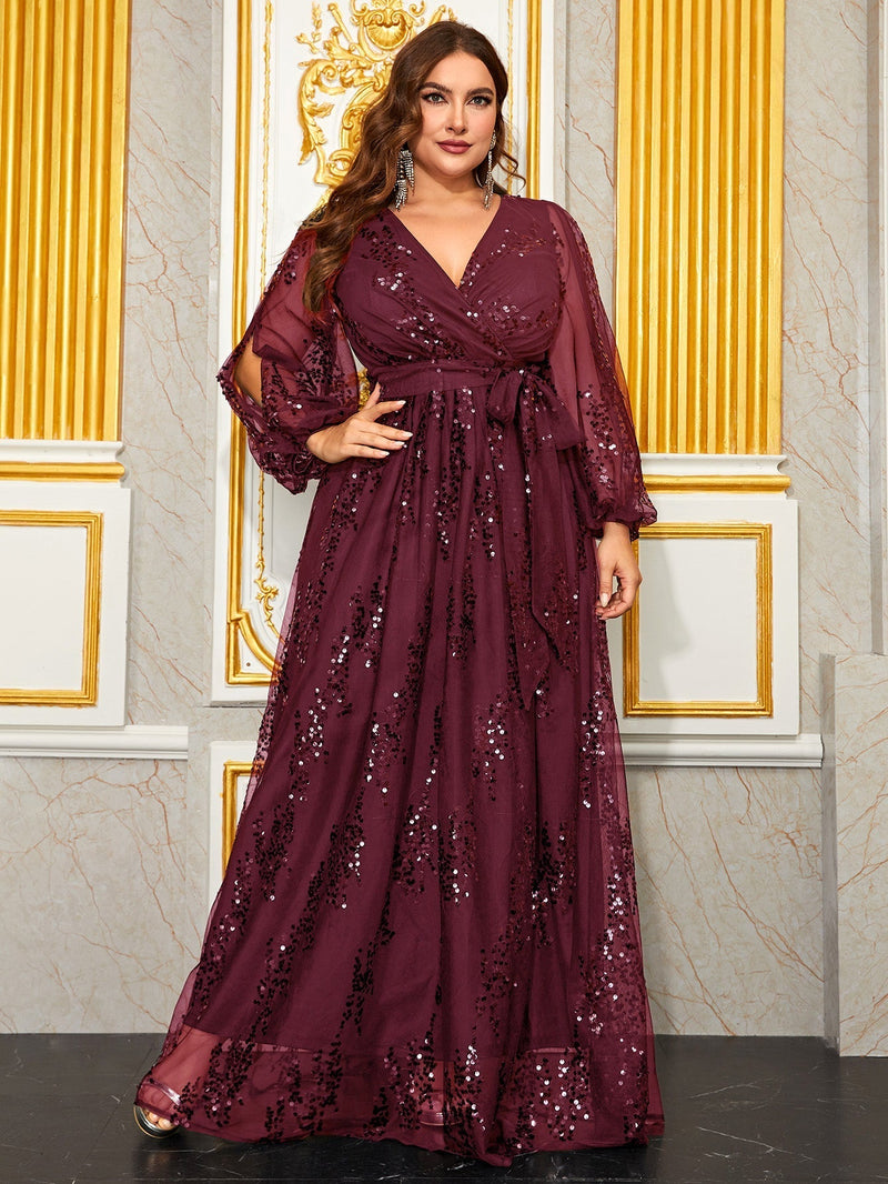 Women's Plus Size Sequin Floral Party Evening Dress With Lantern Sleeves, Cross V-neckline, Long Maxi Length-FGLX20056-2