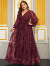 Women's Plus Size Sequin Floral Party Evening Dress With Lantern Sleeves, Cross V-neckline, Long Maxi Length-FGLX20056-2