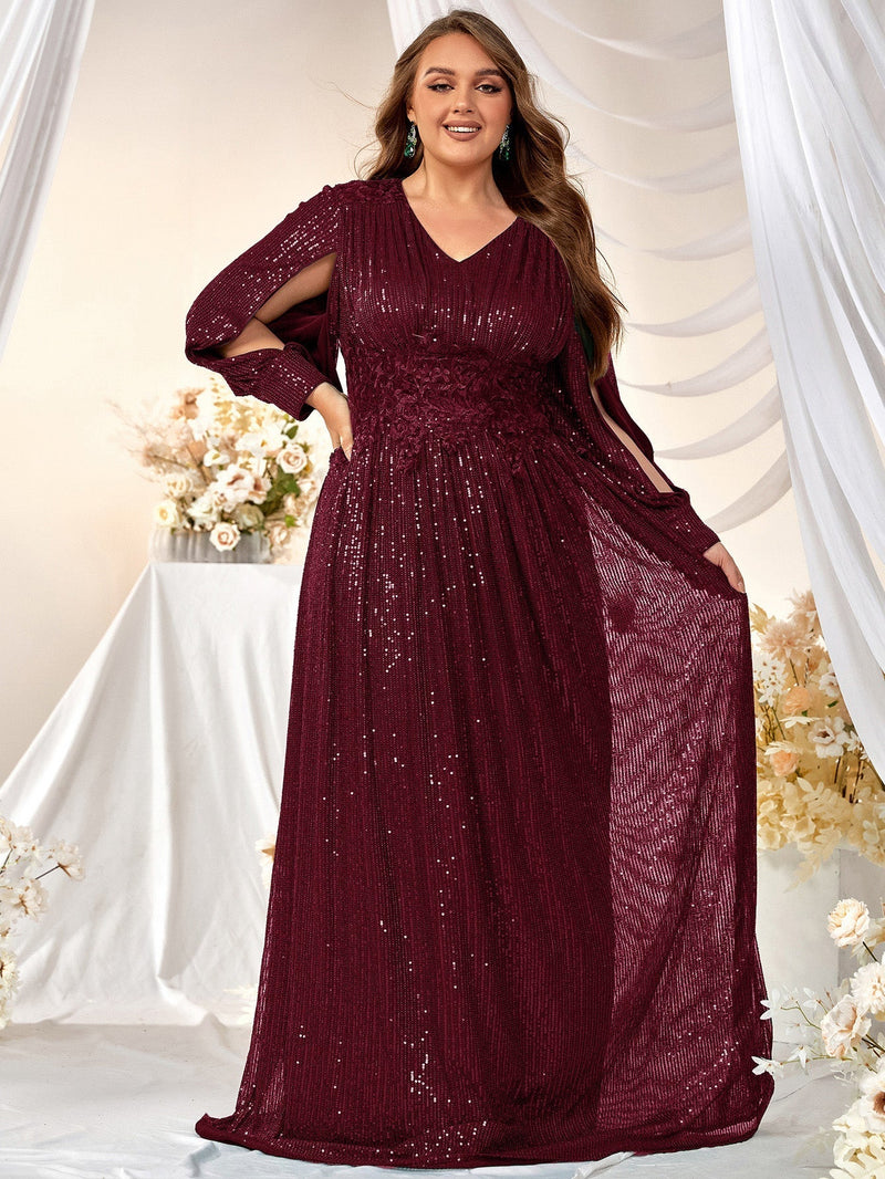 Plus Split Sleeve Sequin Formal Dress-FMGN313-2