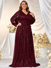 Plus Split Sleeve Sequin Formal Dress-FMGN313-2