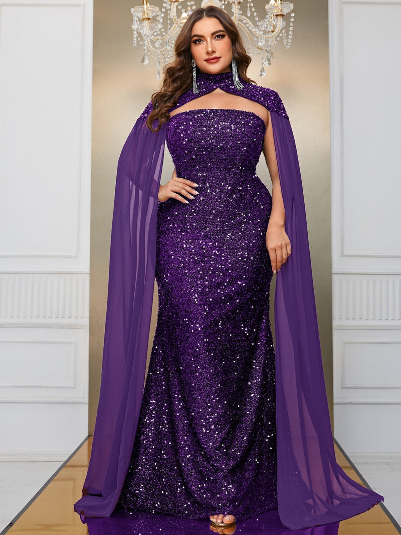 Giffniseti Plus Cloak Sleeve Sequin Formal Dress-FMGT610-4