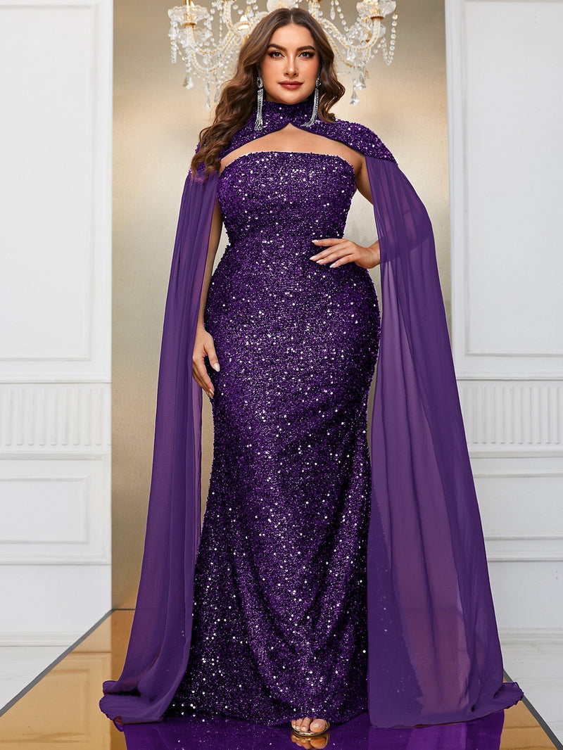 Giffniseti Plus Cloak Sleeve Sequin Formal Dress-FMGT610-4