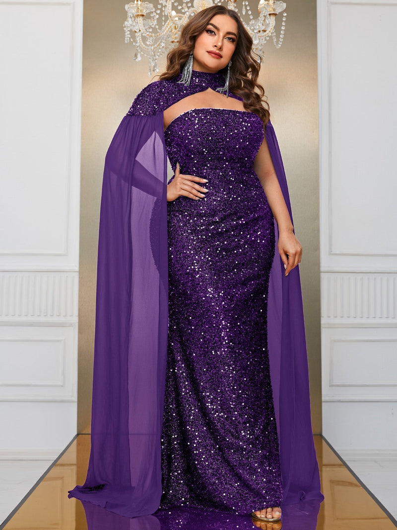 Giffniseti Plus Cloak Sleeve Sequin Formal Dress-FMGT610-4