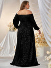 Giffniseti Plus Off Shoulder Lantern Sleeve Belted Sequin Formal Dress-FMGW511-2