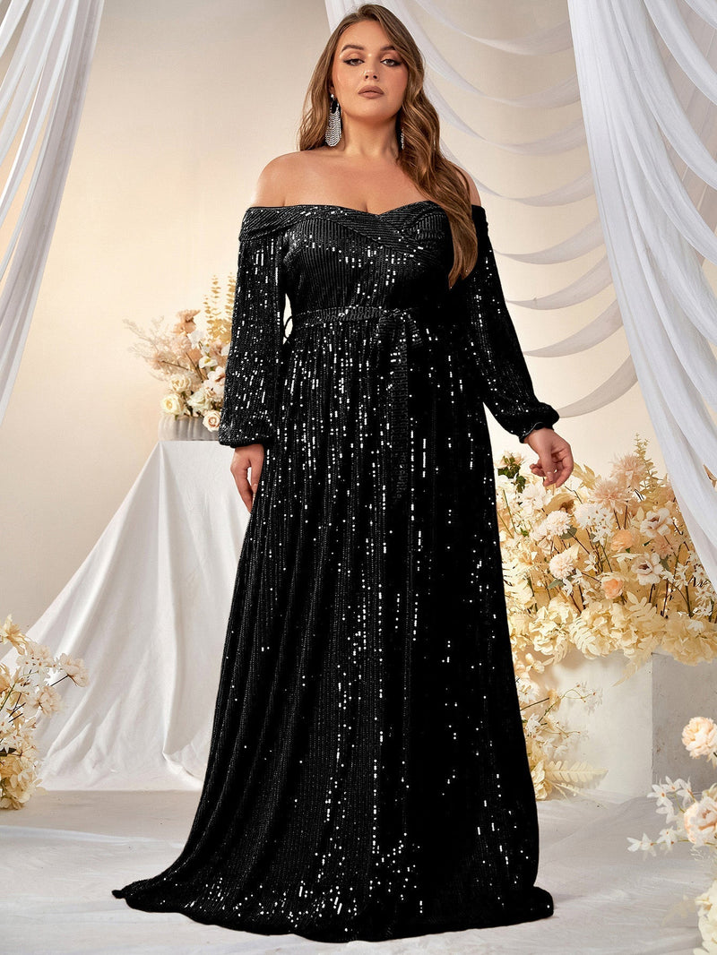 Giffniseti Plus Off Shoulder Lantern Sleeve Belted Sequin Formal Dress-FMGW511-2