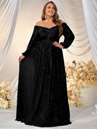 Giffniseti Plus Off Shoulder Lantern Sleeve Belted Sequin Formal Dress-FMGW511-2