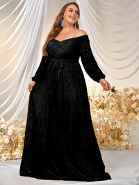 Giffniseti Plus Off Shoulder Lantern Sleeve Belted Sequin Formal Dress-FMGW511-2