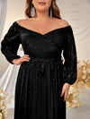 Giffniseti Plus Off Shoulder Lantern Sleeve Belted Sequin Formal Dress-FMGW511-2