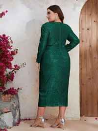 Plus Surplice Neck Puff Sleeve Draped Sequin Dress-FMGYY560-1