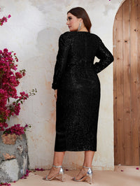 Plus Surplice Neck Lantern Sleeve Draped Sequin Dress-FMGYY560-2