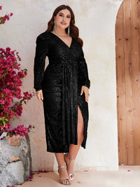 Plus Surplice Neck Lantern Sleeve Draped Sequin Dress-FMGYY560-2