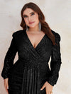 Plus Surplice Neck Lantern Sleeve Draped Sequin Dress-FMGYY560-2