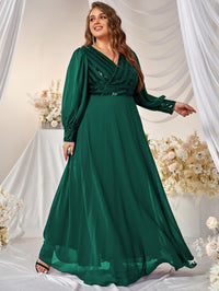 Plus Contrast Sequin Lantern Sleeve Chiffon Formal Dress-FPD019-4