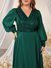 Plus Contrast Sequin Lantern Sleeve Chiffon Formal Dress-FPD019-4