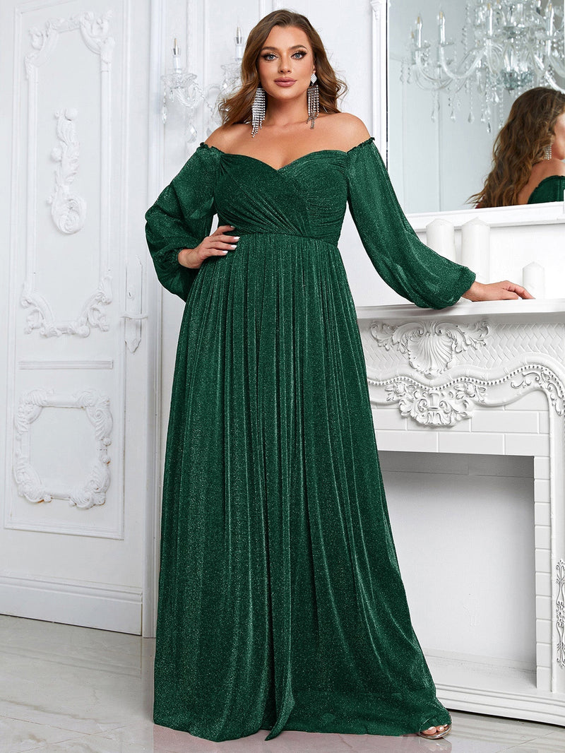 Giffniseti Plus Off Shoulder Lantern Sleeve Glitter Dress-FSSN1213-1