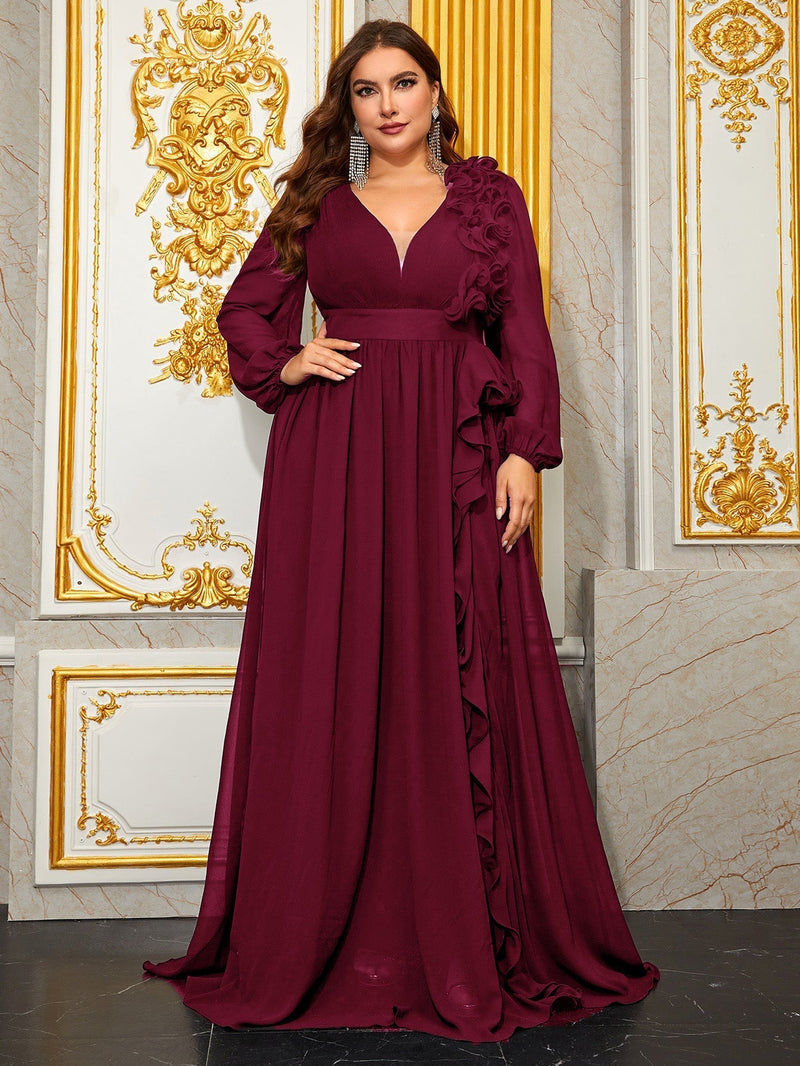 Giffniseti Women's Plus Size Ball Gowns Elegant Chiffon Dress With 3d Floral Lace & Lantern Sleeves, V-neckline And Belted Waist-FSSN228-1