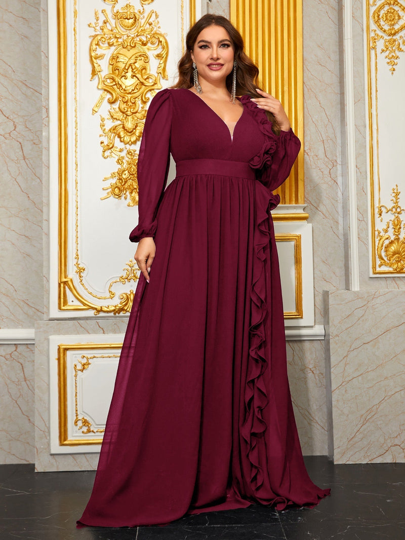 Giffniseti Women's Plus Size Ball Gowns Elegant Chiffon Dress With 3d Floral Lace & Lantern Sleeves, V-neckline And Belted Waist-FSSN228-1