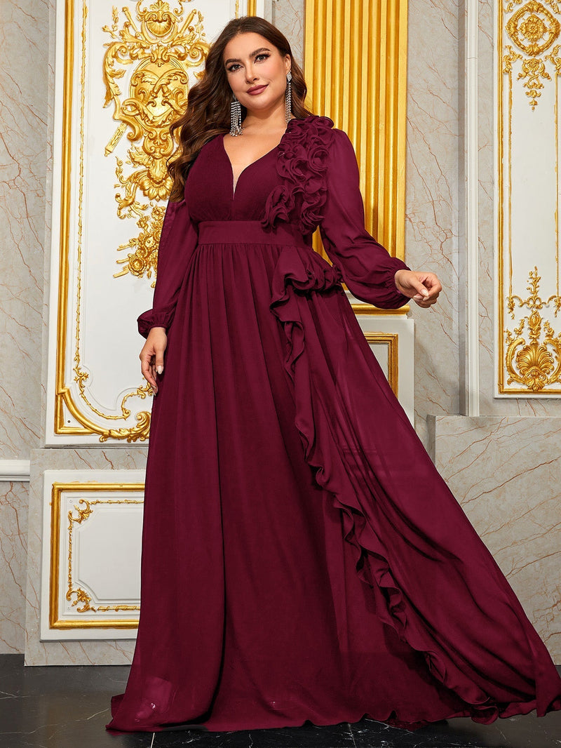 Giffniseti Women's Plus Size Ball Gowns Elegant Chiffon Dress With 3d Floral Lace & Lantern Sleeves, V-neckline And Belted Waist-FSSN228-1