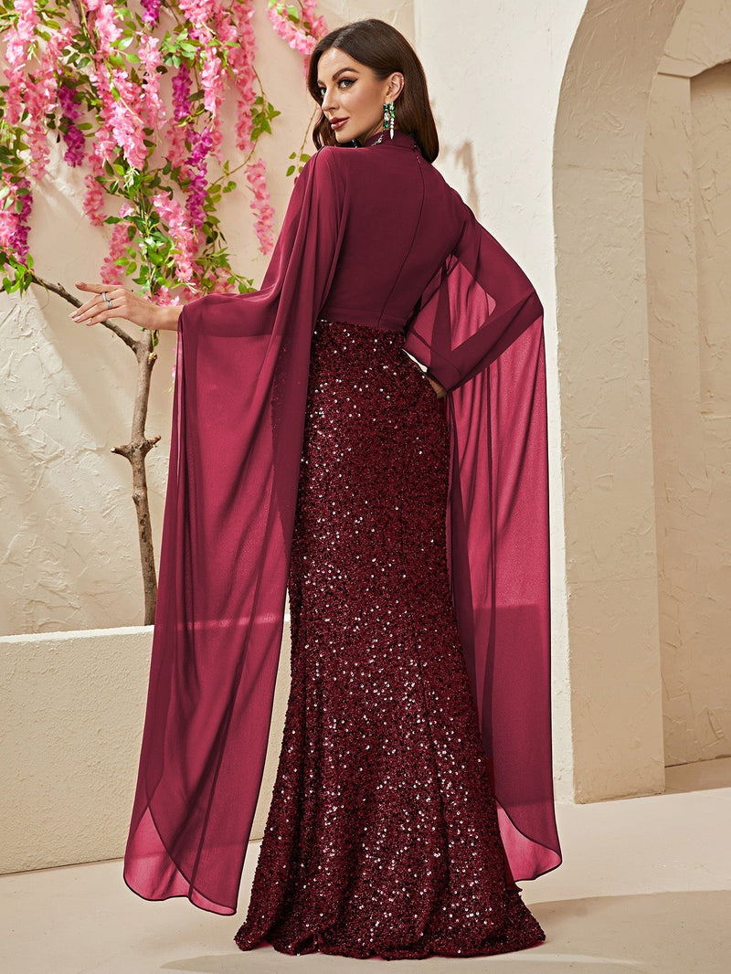 Giffniseti Mock Neck Cloak Sleeve Sequin Formal Dress-MGT530-3