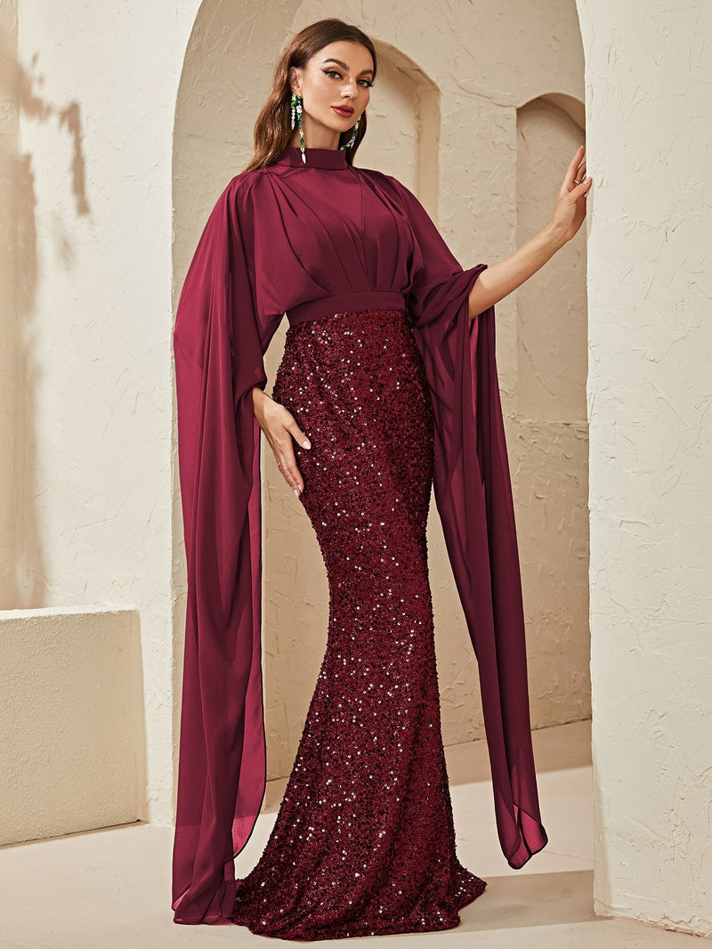 Giffniseti Mock Neck Cloak Sleeve Sequin Formal Dress-MGT530-3