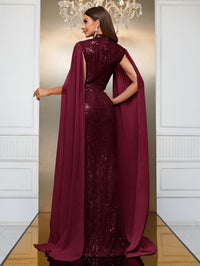 Giffniseti Contrast Sequin Cloak Sleeve Floor Length Formal Dress-MGT790-2