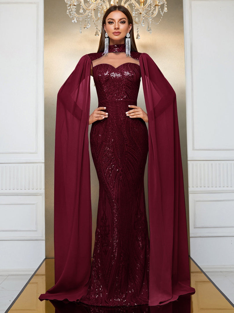 Giffniseti Contrast Sequin Cloak Sleeve Floor Length Formal Dress-MGT790-2