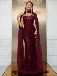 Giffniseti Contrast Sequin Cloak Sleeve Floor Length Formal Dress-MGT790-2