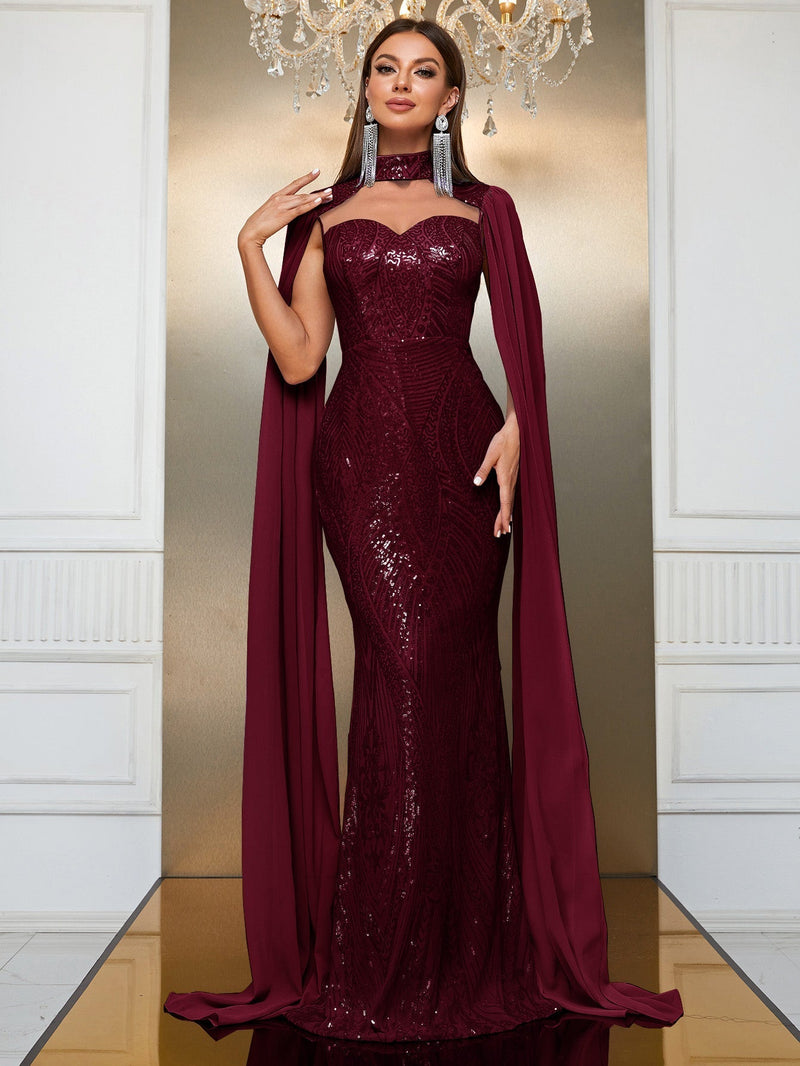 Giffniseti Contrast Sequin Cloak Sleeve Floor Length Formal Dress-MGT790-2