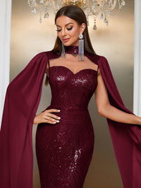 Giffniseti Contrast Sequin Cloak Sleeve Floor Length Formal Dress-MGT790-2