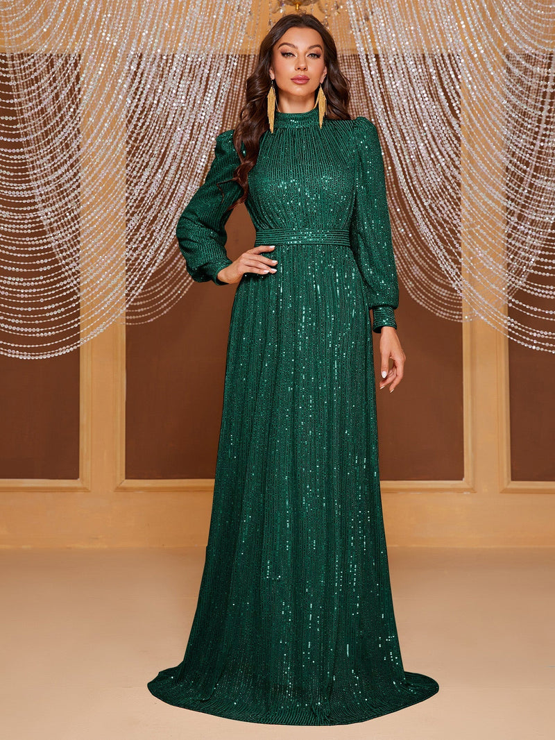 Giffniseti Ladies Sequined Long Sleeve Turtleneck Evening Gown-MGT819-1