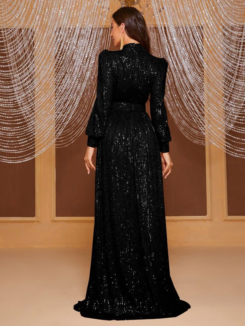 Giffniseti Mock Neck Lantern Sleeve Sequin Formal Dress-MGT819-2