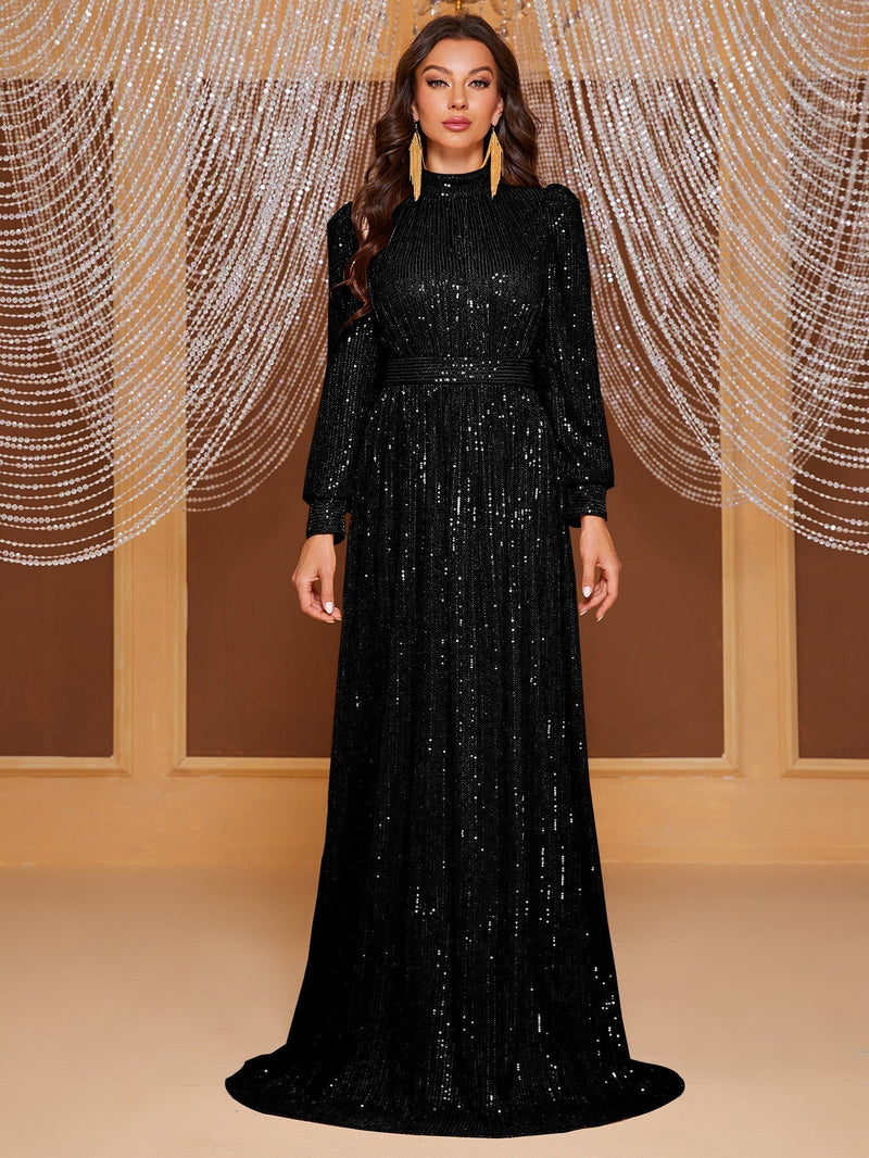 Giffniseti Mock Neck Lantern Sleeve Sequin Formal Dress-MGT819-2