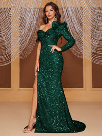 Giffniseti Asymmetrical Neck Split Thigh Sequin Prom Dress-MGT894-2