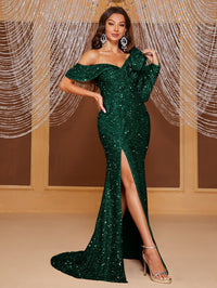 Giffniseti Asymmetrical Neck Split Thigh Sequin Prom Dress-MGT894-2