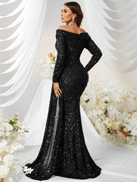 Giffniseti Off Shoulder Draped Side Sequin Formal Dress-MGW480-1