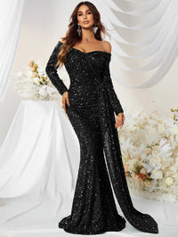 Giffniseti Off Shoulder Draped Side Sequin Formal Dress-MGW480-1