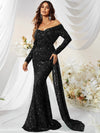 Giffniseti Off Shoulder Draped Side Sequin Formal Dress-MGW480-1