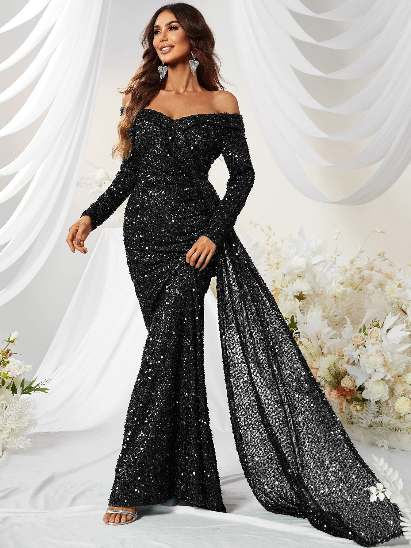 Giffniseti Off Shoulder Draped Side Sequin Formal Dress-MGW480-3 -  Giffniseti