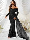 Giffniseti Off Shoulder Draped Side Sequin Formal Dress-MGW480-1