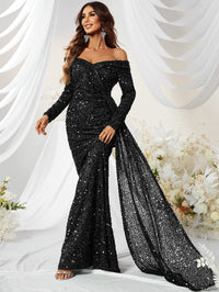 Giffniseti Off Shoulder Draped Side Sequin Formal Dress-MGW480-1