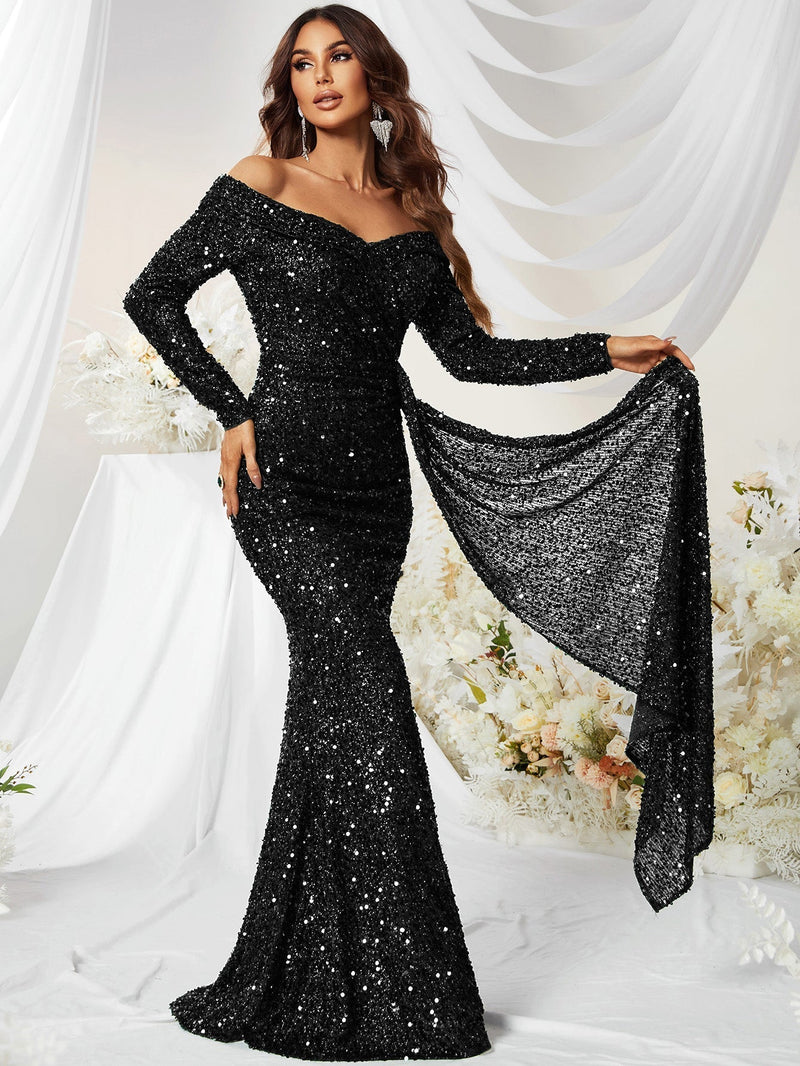 Giffniseti Off Shoulder Draped Side Sequin Formal Dress-MGW480-1