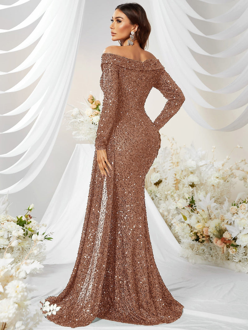 Giffniseti Off Shoulder Draped Side Sequin Formal Dress-MGW480-3