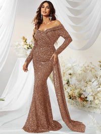 Giffniseti Off Shoulder Draped Side Sequin Formal Dress-MGW480-3