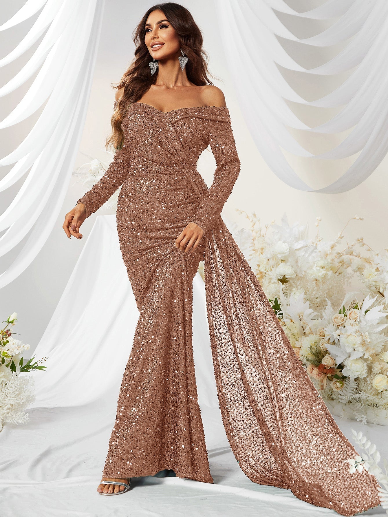 Giffniseti Off Shoulder Draped Side Sequin Formal Dress-MGW480-3 -  Giffniseti